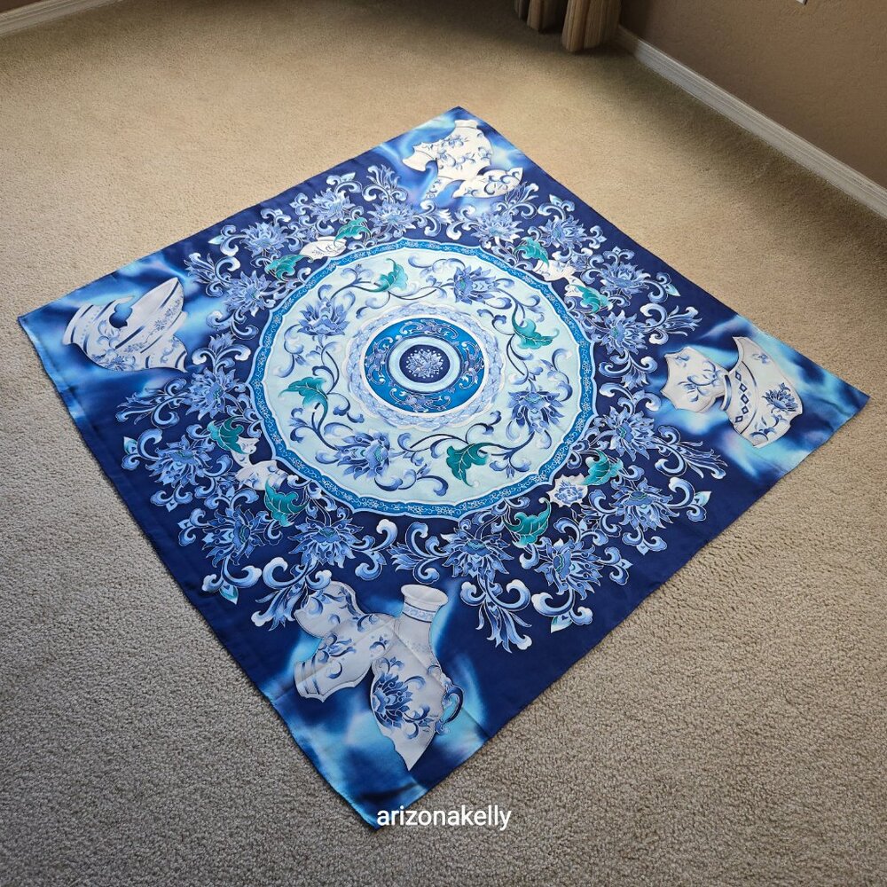 Large Silk Scarf Hand-Rolled Hems Blue - Picture 4 of 12